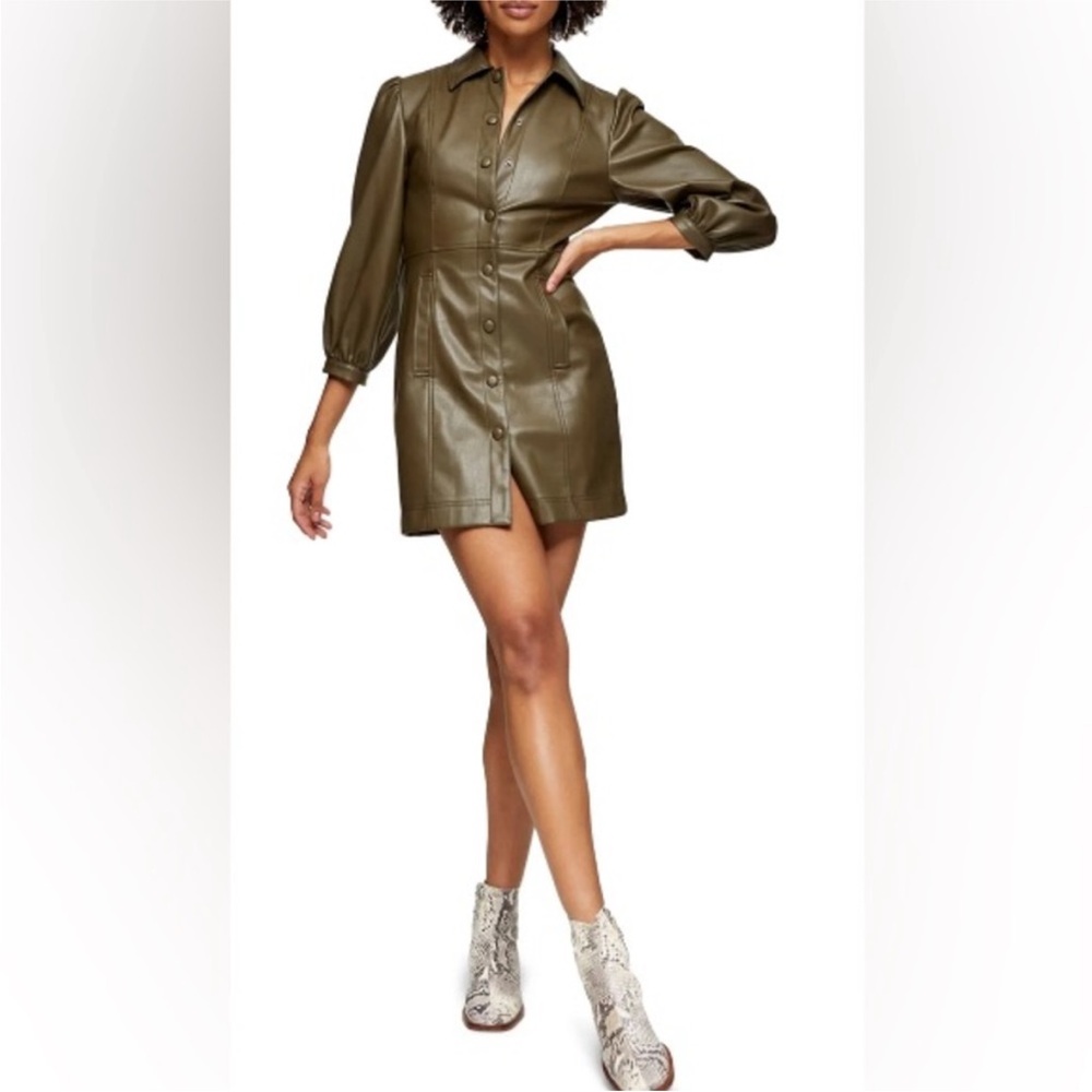Topshop Olive Snap-Up Faux Leather Dress size 6.